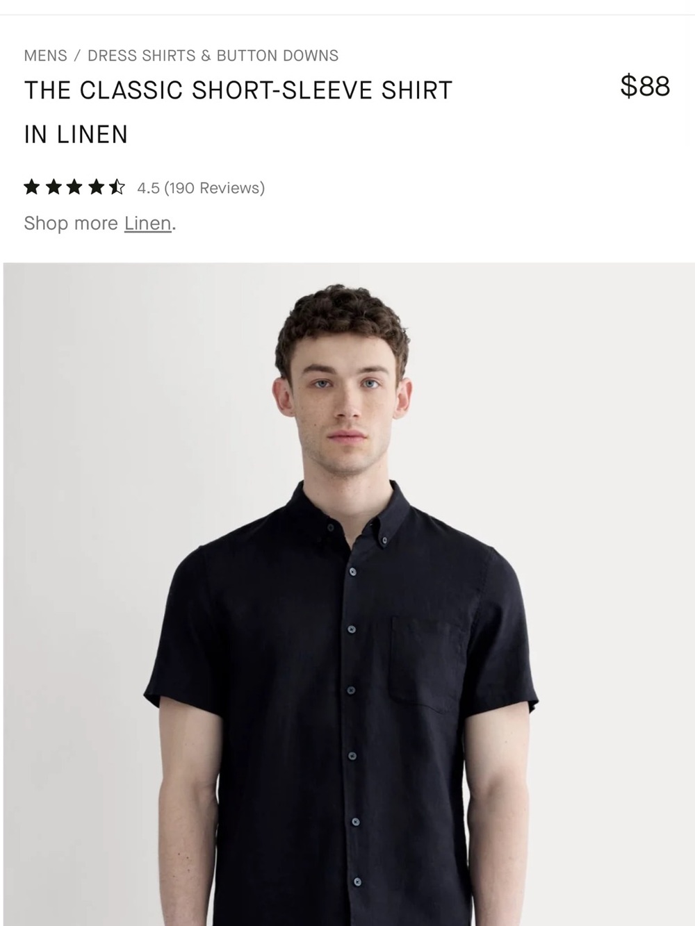 Everlane Black Short-Sleeve Linen Button-Down Shirt